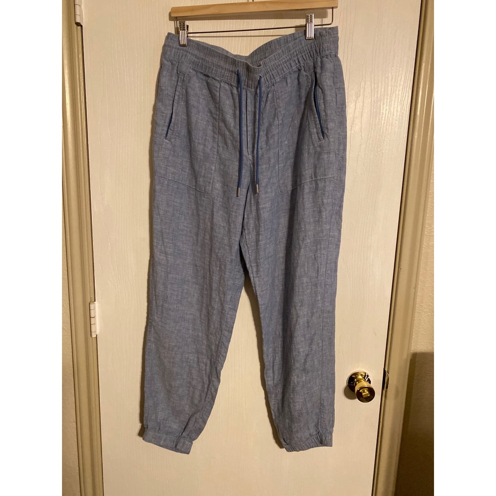 Athleta Women 10 Blue 100% Linen Jogger Pants Drawstring Elastic Waist  0736